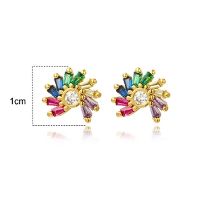 Detailed macro of 1cm sunburst earrings with colorful cubic zirconia and gold finish