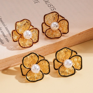 18k gold plated hollow flower earrings with white pearls in red and black enamel