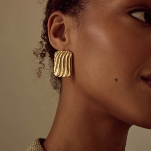 Rectangular Wave Texture Stud Earrings Stainless Steel 18K Gold Plated Water Ripple Geometry Fashion Jewelry For Women