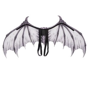 Detail of grey-white foldable bone devil wings with black elastic straps for Halloween