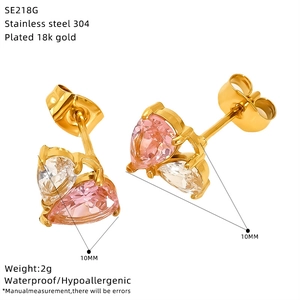 18k gold plated stainless steel stud earrings with pink pear-cut cubic zirconia crystals