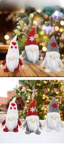 Detailed plush Christmas gnomes with knitted hats and faux fur beards on festive background