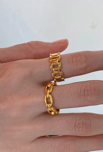 Two gold chain rings featuring geometric rectangular and oval links worn on fingers