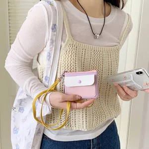 Macaron-colored cute multi-functional mini clutch and key bag with yellow wristlet strap