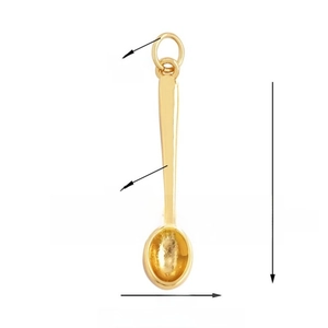 Detailed view of a gold-colored spoon charm showing precise measurements of 26mm in length
