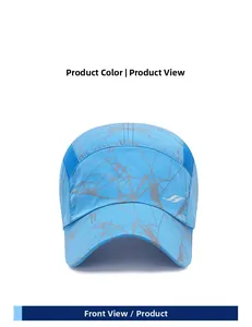 Close-up of blue quick-dry cap featuring geometric patterns and breathable mesh panels