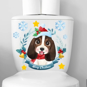 Close-up of cute beagle dog Christmas toilet sticker with Merry Christmas ribbon