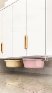 Detail of punch-free wall mount stainless steel washbasin storage rack for bathroom