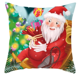 Close-up of Santa Claus pillow cover showing Christmas tree and gift bag details