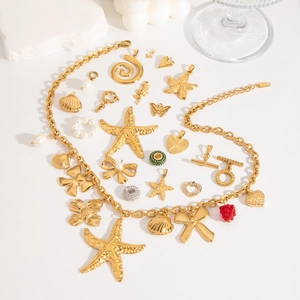 Stainless Steel Gold Plated Pendants DIY Jewelry Making Accessories Artificial Pearl Starfish Heart Shell Bow Shape Charms