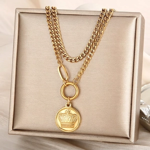 Double Layer Necklace 18K Gold Plated Stainless Steel Crown Relief Coin Pendant Vintage Retro Jewelry For Women