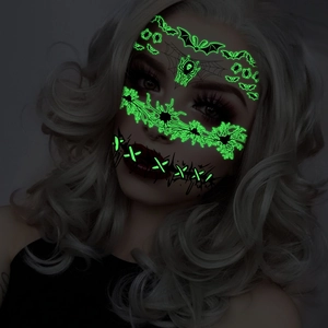 Luminous Halloween mouth tattoo stickers with fluorescent green spider and bat designs
