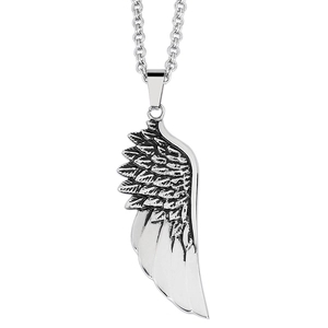 Close-up of polished silver wing pendant on a durable steel box chain for men