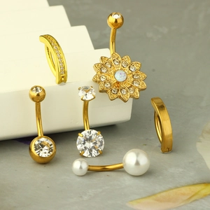 6-piece gold stainless steel belly ring set with cubic zirconia and daisy accents