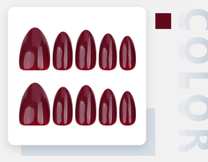 Close-up of ten glossy wine red almond shaped press-on nails on a display board