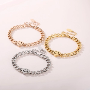 Bracelet En Acier Inoxydable Pendentif Cœur Smiley Chaîne Gourmette Mode Pour Femme Réglable Or Argent Or Rose