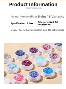 Close-up of 12 colors hexagonal laser sequins in round boxes for nail art decoration