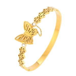 Goldenes Edelstahlarmband mit Schmetterling-Anhänger und funkelnden Kristall-Blütenblättern