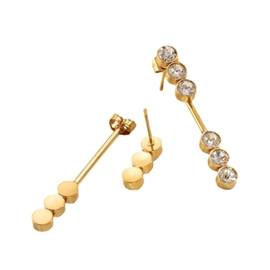 Elegant gold-tone long bar stud earrings with sparkling cubic zirconia on white backdrop