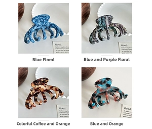 Detail showing four assorted floral and tortoiseshell acetate hair claws in a flat lay