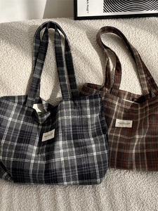 Retro plaid wool blend tote bags in black and brown checks for winter commute styling
