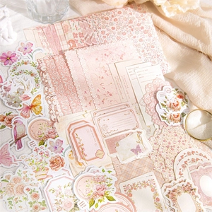 Vintage floral scrapbooking kit with pink flower stickers and lace background paper