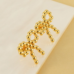 Elegant 18K gold-plated stainless steel bow earrings with high-polished metallic beads