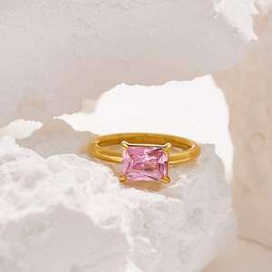 Gold plated ring with pink rectangular crystal on white stone, 18K finish stainless steel