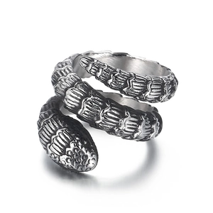 Retro punk style stainless steel snake ring with detailed scales and silver finish