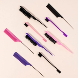 Hair dyeing tool set with pointed tail combs and brushes in black pink and purple