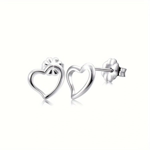 Polished silver heart stud earrings with minimalist hollow design and mirror finish
