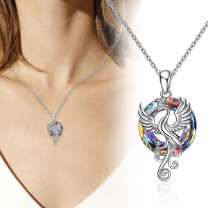 Detailed close-up and model view of phoenix pendant necklace with colorful crystal inlay