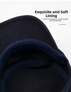 Detail view of cotton sweatband and breathable lining inside the dark blue military cap