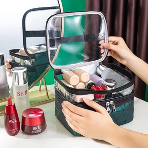 Double Layer Makeup Bag Transparent PVC PU Leather Geometric Pattern Waterproof Travel Toiletry Organizer Handheld Pouch