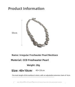 Detailed chart showing irregular freshwater pearl necklace dimensions and materials