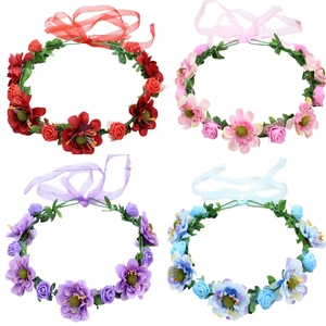 Bohemian floral wreaths in red, pink, purple, and blue with adjustable ribbon ties