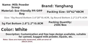 Detailed size specifications for 5g and 10g white plastic measuring spoons for powder