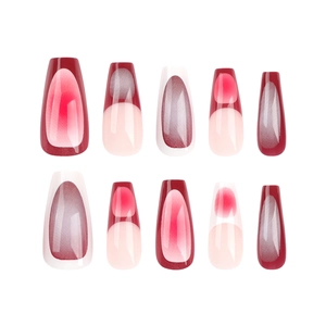Elegant French gradient press-on nails in burgundy and milky white coffin shape