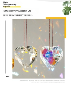 Macro detail of heart-shaped crystal pendants showing light refraction and clear textures