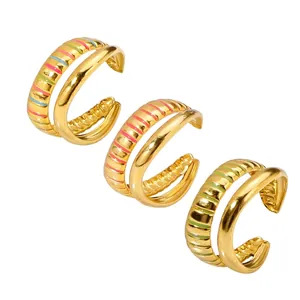 Adjustable Ring Stainless Steel 18K Gold Plated Colorful Enamel Stripes Double Layer Geometric Fashion Jewelry Women