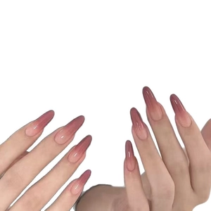 Pink and purple gradient long stiletto press-on nails with a high-gloss finish