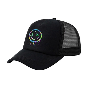 Black trucker hat with melting rainbow smiley face print and breathable mesh back