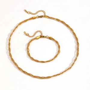 Three-strand braided round snake chain jewelry set with gold-plated necklace and bracelet