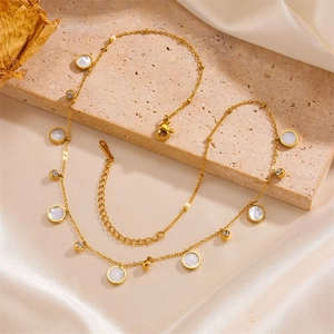 Collier En Acier Inoxydable Pour Femme Avec Pendentifs Ronds En Nacre Et Strass Élégant Simple Chaîne De Clavicule
