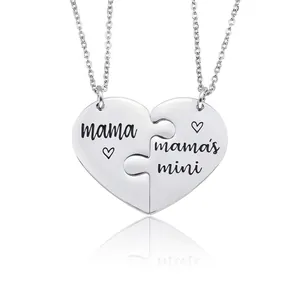 Heart Puzzle Necklaces 304 Stainless Steel Mother Daughter Couple Pendant Jewelry Mirror Polished Lettering