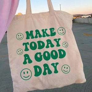 Sac fourre-tout beige en toile Retro avec imprimé vert Make Today a Good Day
