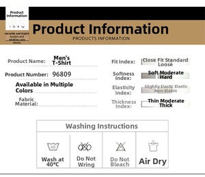 Detail view of men's sweater specifications, fabric softness, and washing care symbols