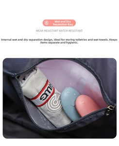 Macro view of waterproof dry and wet separation pocket with metal zipper for travel bag