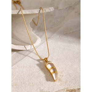 18k gold plated stainless steel snake chain necklace with cat eye stone tusk pendant