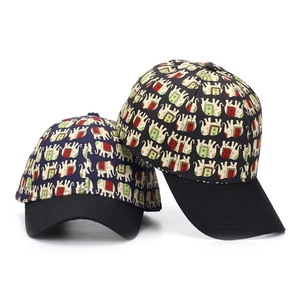 Elephant print baseball caps with colorful patterns for men and women on white background
